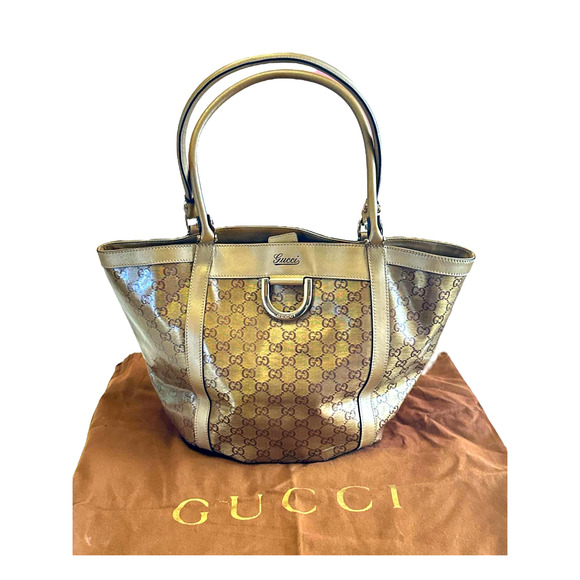 GUCCI Abbey Metallic Gold Canvas GG coated tote bag D-Ring - Picture 1 of 16